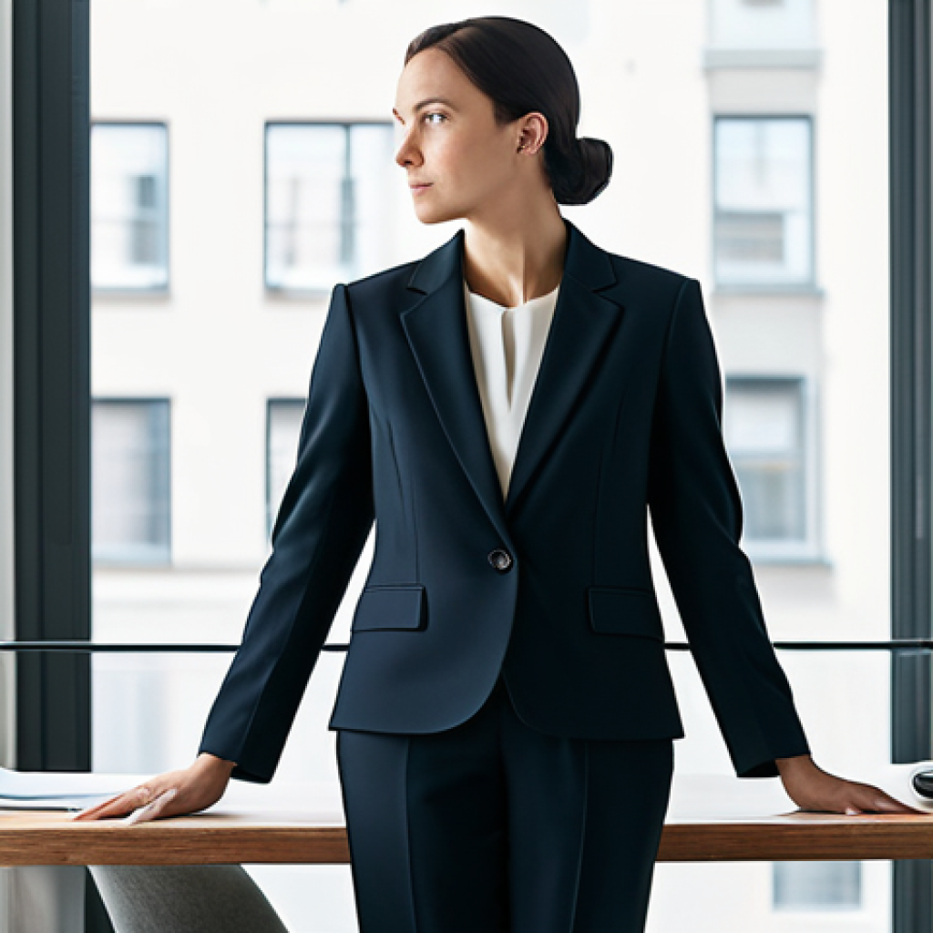 A serene professional woman in a modest, elegant business blazer and trousers, gazing thoughtfully out of a large window in a sophisticated, minimalist home office. The morning light gently illuminates the room, which features a clean desk with a single plant, blending work and personal space harmoniously. Her pose is natural and reflective, conveying a sense of inner peace and alignment. Perfect anatomy, correct proportions, well-formed hands, natural body proportions. Fully clothed, appropriate attire, modest clothing, professional dress, safe for work, appropriate content, family-friendly, professional photography, high quality, sharp focus.