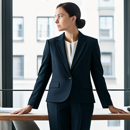 Home 11 A serene professional woman in a modest, elegant business blazer and trousers, gazing thoughtfully out of a large window in a sophisticated, minimalist home office. The morning light gently illuminates the room, which features a clean desk with a single plant, blending work and personal space harmoniously. Her pose is natural and reflective, conveying a sense of inner peace and alignment. Perfect anatomy, correct proportions, well-formed hands, natural body proportions. Fully clothed, appropriate attire, modest clothing, professional dress, safe for work, appropriate content, family-friendly, professional photography, high quality, sharp focus.