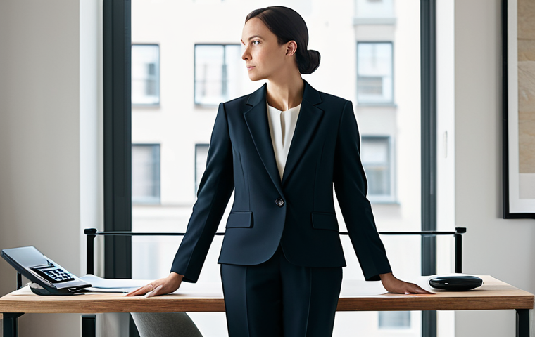 A serene professional woman in a modest, elegant business blazer and trousers, gazing thoughtfully out of a large window in a sophisticated, minimalist home office. The morning light gently illuminates the room, which features a clean desk with a single plant, blending work and personal space harmoniously. Her pose is natural and reflective, conveying a sense of inner peace and alignment. Perfect anatomy, correct proportions, well-formed hands, natural body proportions. Fully clothed, appropriate attire, modest clothing, professional dress, safe for work, appropriate content, family-friendly, professional photography, high quality, sharp focus.