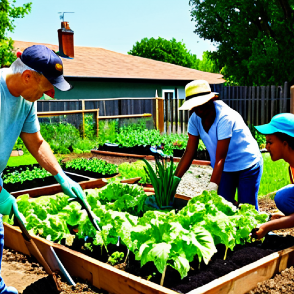 **Prompt:** "A group of diverse individuals gardening together in a community garden, fully clothed, appropriate attire, safe for work, perfect anatomy, natural proportions, learning from each other, sharing gardening tips, abundant vegetables, sunny day, modest, family-friendly."