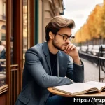 가치관에 부합하는 직업 찾기 - A thoughtful young French professional in casual business attire sitting at a cozy Parisian caf&eacute; ter...