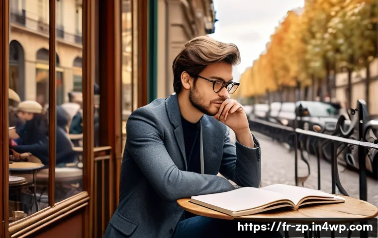 가치관에 부합하는 직업 찾기 - A thoughtful young French professional in casual business attire sitting at a cozy Parisian café ter...