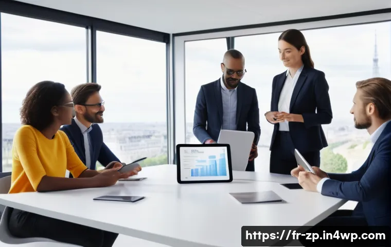 자신의 직업적 아이덴티티 강화하기 - A professional French office setting with a diverse group of colleagues engaged in a collaborative m...
