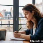 자기 탐색을 통한 직업적 기회 발견하기 - A professional French woman in her early 30s sitting at a cozy, modern home office desk filled with ...