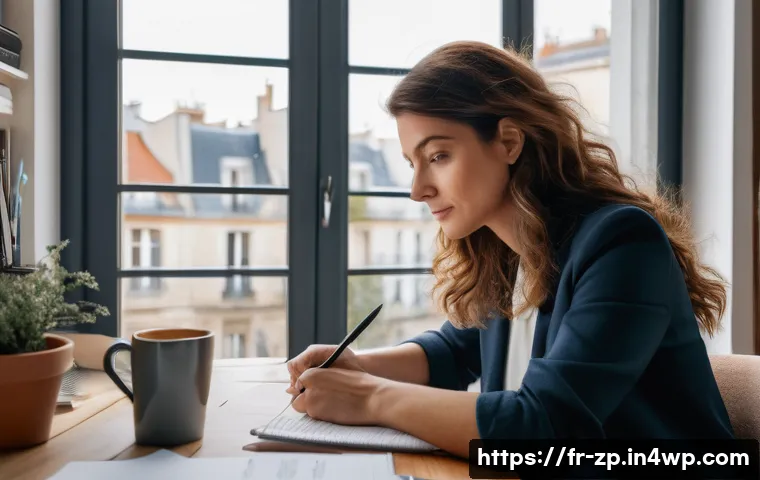 자기 탐색을 통한 직업적 기회 발견하기 - A professional French woman in her early 30s sitting at a cozy, modern home office desk filled with ...