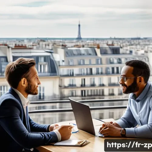 직업적 선택의 기준과 평가 - A professional French office scene showing a diverse group of mid-30s employees engaged in a collabo...