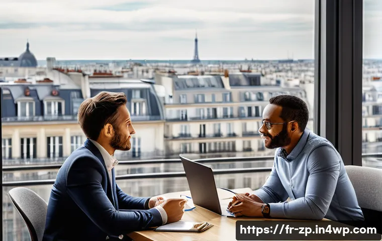 직업적 선택의 기준과 평가 - A professional French office scene showing a diverse group of mid-30s employees engaged in a collabo...