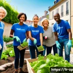 의미 있는 일을 위한 자원봉사 경험 - A diverse group of volunteers working together in a community garden in a sunny urban neighborhood i...