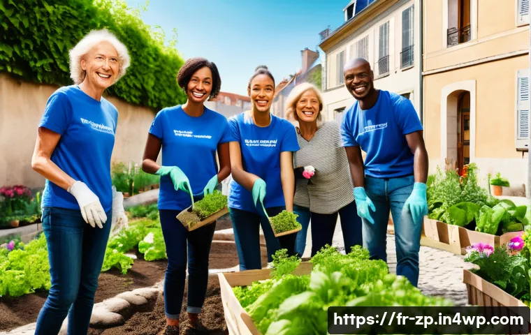 의미 있는 일을 위한 자원봉사 경험 - A diverse group of volunteers working together in a community garden in a sunny urban neighborhood i...